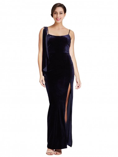 Comprar Bainha Decote Quadrado Veludo Elástico Comprimento Chão Marinha Negra Vestidos de Madrinha / Vestidos de Noite / Vestidos de Festa