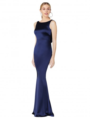 Comprar Bainha Decote Alto Cetim Elástico Comprimento Chão Marinha Negra Vestidos de Madrinha / Vestidos de Noite / Vestidos de Festa