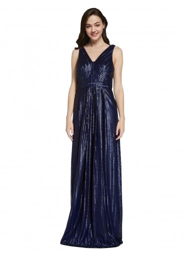 Comprar Bainha Decote V Lantejoulas Comprimento Chão Marinha Negra Vestidos de Madrinha / Vestidos de Noite / Vestidos de Festa