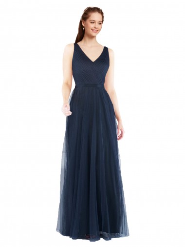Comprar Bainha Decote V Tule Comprimento Chão Marinha Negra Vestidos de Madrinha