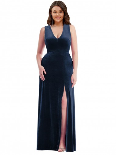 Comprar Bainha Decote V Veludo Elástico Comprimento Chão Marinha Negra Vestidos de Madrinha / Vestidos de Noite / Vestidos de Festa