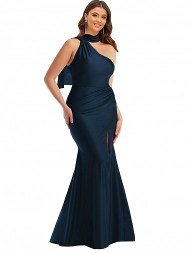 Comprar Sereia Cabeçada Cetim Sedoso Comprimento Chão Marinha Negra Vestidos de Madrinha / Vestidos de Noite / Vestidos de Festa