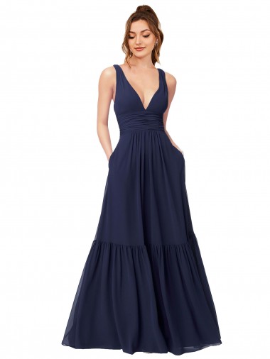 Comprar Linha A Decote V Chiffon Comprimento Chão Marinha Negra Costas em V Longo Vestido de Madrinha