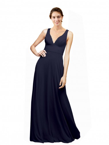 Comprar Linha A Decote V Chiffon Comprimento Chão Marinha Negra Abrir de volta Longo Vestidos de Madrinha