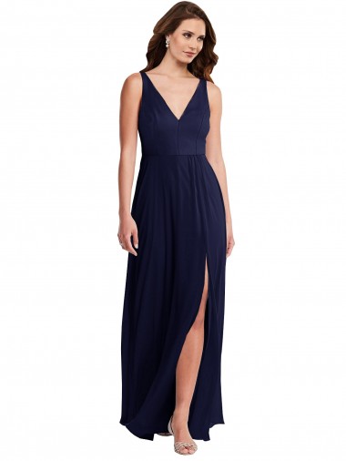 Comprar Linha A Decote V Chiffon Comprimento Chão Marinha Negra Vestidos de Madrinha