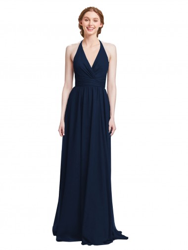 Comprar Linha A Cabeçada Chiffon Comprimento Chão Marinha Negra  Vestidos de Madrinha