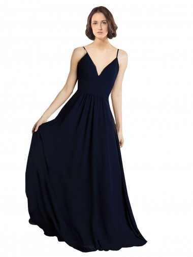 Comprar Linha A Decote V Chiffon Comprimento Chão Marinha Negra  Longo Vestidos de Madrinha / Vestido de Noite
