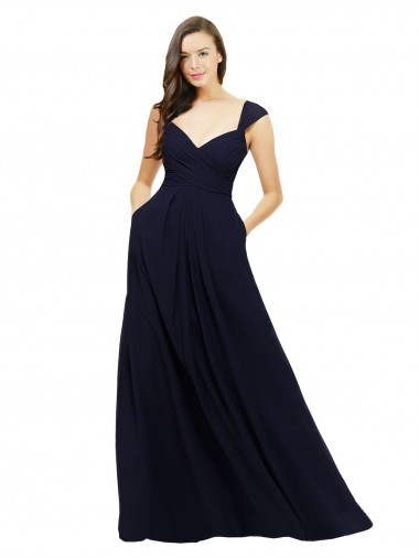 Comprar Linha A Amor Chiffon Comprimento Chão Marinha Negra Sem Mangas Longo Vestidos de Madrinha