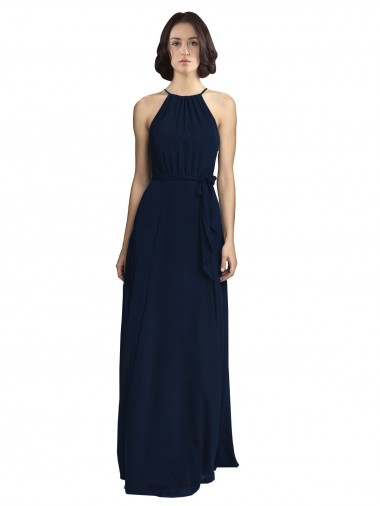 Comprar Linha A Decote Alto Chiffon Comprimento Chão Marinha Negra Vestidos de Madrinha Vestidos de Baile