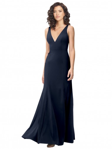 Comprar Linha A Decote Alto Crepe Esticado Comprimento Chão Marinha Negra Vestidos de Madrinha / Vestidos de Noite / Vestidos de Festa