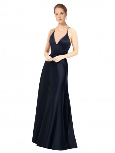 Comprar Linha A Decote V Cetim Comprimento Chão Marinha Negra Vestidos de Madrinha / Vestidos de Festa