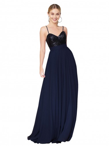 Comprar Linha A Decote Alto Chiffon & Lantejoulas Comprimento Chão Marinha Negra Longo Vestidos de Madrinha / Vestidos de Festa