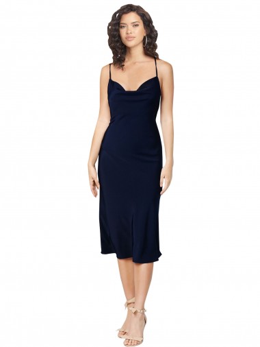 Comprar Linha A Decote Capuz Cetim Sedoso Comprimento Midi Marinha Negra Vestidos de Madrinha / Vestidos de Noite / Vestidos de Festa / Vestidos de Cocktail / Vestidos de Homecoming