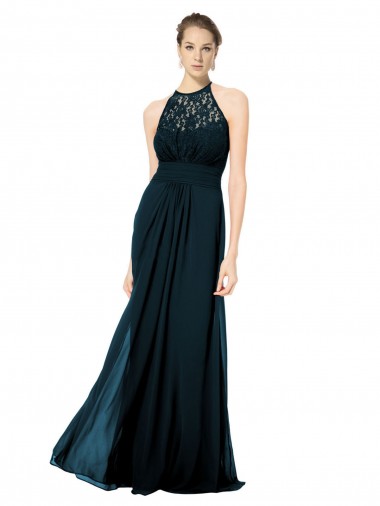 Comprar Linha A Decote Ilusão Chiffon & Renda Comprimento Chão Marinha Negra Longo Vestidos de Madrinha