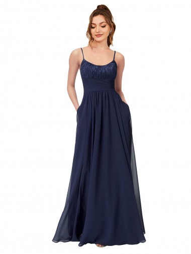 Comprar Linha A Colher Chiffon & Renda Comprimento Chão Marinha Negra Vestidos de Madrinha