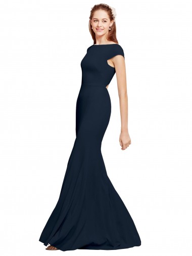 Comprar Linha A Decote Barco Crepe Esticado Comprimento Chão Marinha Negra Vestidos de Madrinha / Vestidos de Noite / Vestidos de Festa