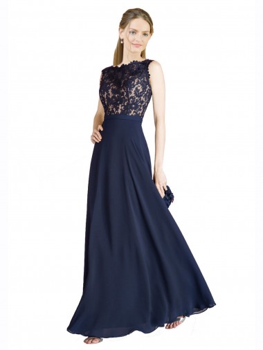 Comprar Linha A Decote Ilusão Chiffon & Renda Comprimento Chão Marinha Negra Vestidos de Madrinha / Vestidos de Festa