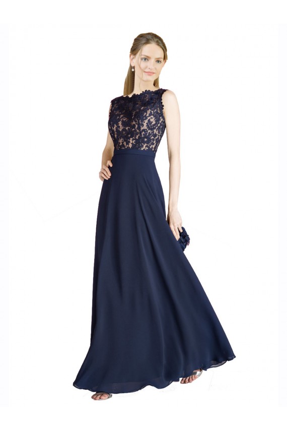 Comprar Linha A Decote Ilusão Chiffon & Renda Comprimento Chão Marinha Negra Vestidos de Madrinha / Vestidos de Festa