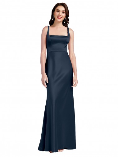 Comprar Linha A Decote Quadrado Cetim Elástico Comprimento Chão Marinha Negra Vestidos de Madrinha / Vestidos de Noite / Vestidos de Festa