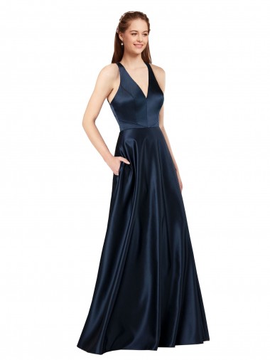 Comprar Linha A Decote V Cetim Comprimento Chão Marinha Negra Vestidos de Madrinha / Vestidos de Noite / Vestidos de Festa