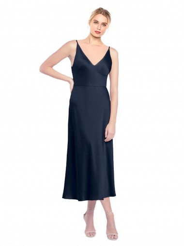 Comprar Linha A Decote V Cetim Elástico Comprimento Midi Marinha Negra Vestidos de Madrinha / Vestidos de Noite / Vestidos de Festa / Vestidos de Cocktail / Vestidos de Homecoming