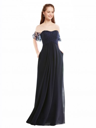 Comprar Linha A Decote V Chiffon & Renda Comprimento Chão Marinha Negra Longo Vestidos de Madrinha