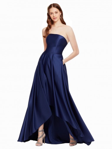 Comprar Linha A Sem alças Cetim Alto Baixo Marinha Negra Vestidos de Madrinha / Vestidos de Noite / Vestidos de Festa
