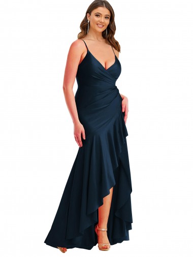 Comprar Sereia Alças finas Cetim Sedoso Alto Baixo Marinha Negra Vestidos de Madrinha / Vestidos de Noite / Vestidos de Festa