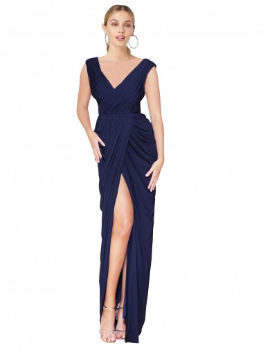 Comprar Sereia Decote Alto Chiffon Comprimento Chão Marinha Negra Vestidos de Madrinha / Vestidos de Noite / Vestidos de Festa