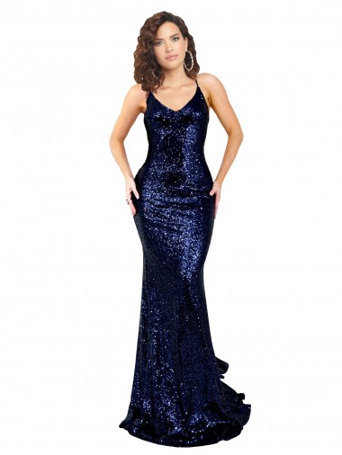 Comprar Sereia Decote V Lantejoulas Comprimento Chão Marinha Negra Vestidos de Madrinha / Vestidos de Noite / Vestidos de Festa