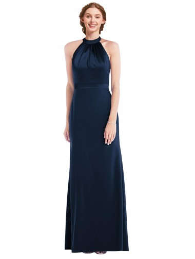 Comprar Trombeta Decote Alto Crepe Esticado Comprimento Chão Marinha Negra Vestidos de Madrinha / Vestidos de Festa