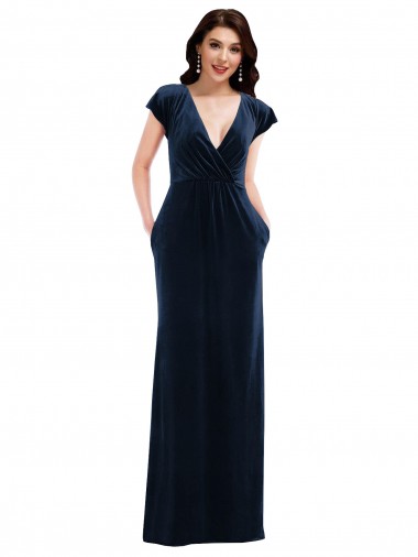 Comprar Linha A Decote V Veludo Elástico Comprimento Chão Marinha Negra Longo Vestidos de Madrinha / Vestidos de Noite / Vestidos de Festa
