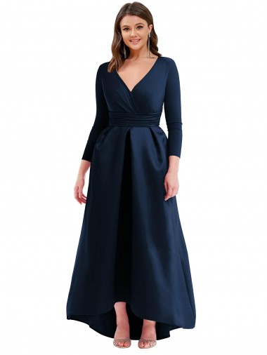 Comprar Vestido de Baile Decote V Spandex Alto Baixo Marinha Negra Vestidos de Madrinha / Vestidos de Noite / Vestidos de Festa