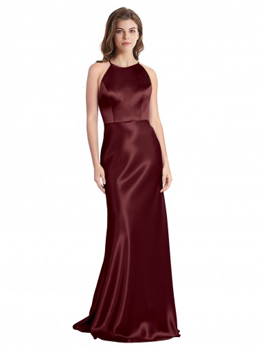 Comprar Linha A Decote V Cetim Elástico Comprimento Chão Ouro Borgonha Vestidos de Madrinha / Vestidos de Noite / Vestidos de Festa