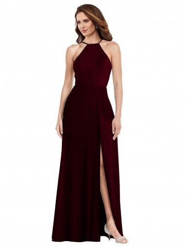 Comprar Linha A Cabeçada Chiffon Comprimento Chão Ouro Borgonha Vestidos de Madrinha