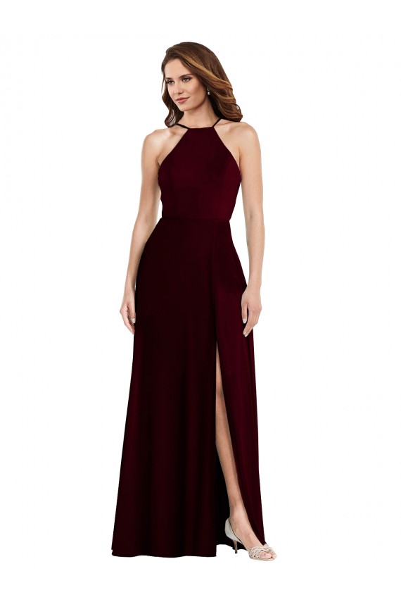 Comprar Linha A Cabeçada Chiffon Comprimento Chão Ouro Borgonha Vestidos de Madrinha