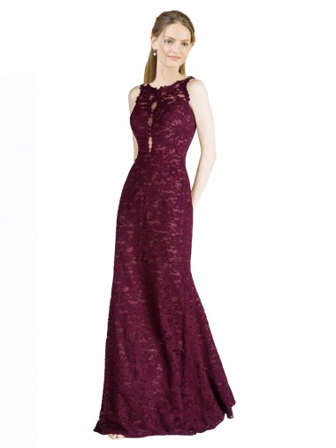 Comprar Linha A Decote Alto Renda Comprimento Chão Ouro Borgonha Vestidos de Madrinha / Vestidos de Festa