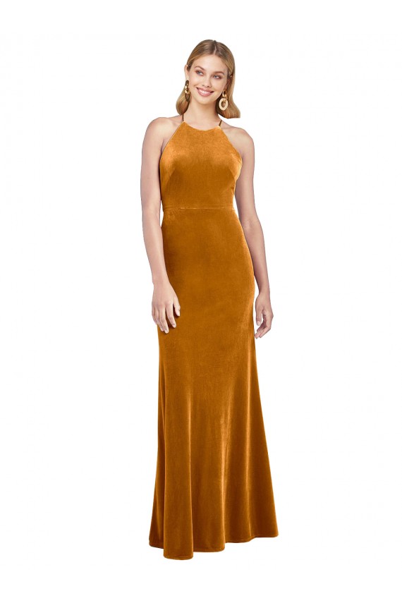 Comprar Linha A Decote Alto Veludo Elástico Comprimento Chão Ouro Vestidos de Madrinha / Vestidos de Noite / Vestidos de Festa