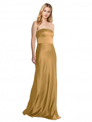 Comprar Linha A Sem alças Cetim Elástico Comprimento Chão Ouro Vestidos de Madrinha / Vestidos de Noite / Vestidos de Festa