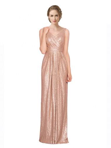Comprar Bainha Decote V Lantejoulas Comprimento Chão Ouro Rosa Vestidos de Madrinha / Vestidos de Noite / Vestidos de Festa