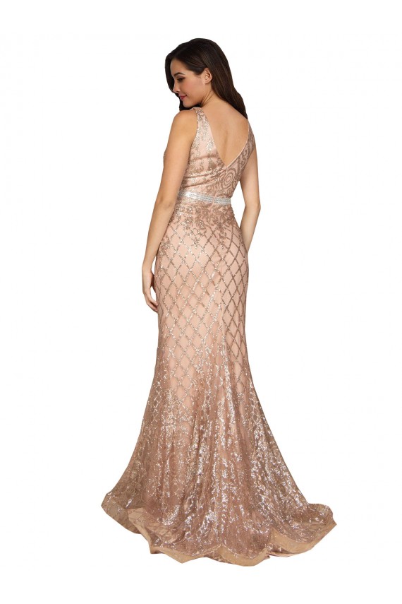 Comprar Sereia Decote V Lantejoulas & Lantejoulas Espumantes Comprimento Chão Ouro Rosa Vestidos de Madrinha / Vestidos de Noite / Vestidos de Festa