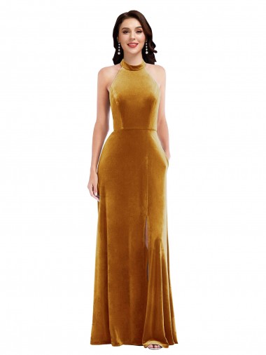 Comprar Trombeta Decote Alto Veludo Elástico Comprimento Chão Ouro Vestidos de Madrinha / Vestidos de Festa