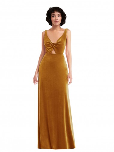 Comprar Trombeta Decote V Veludo Elástico Comprimento Chão Ouro Vestidos de Madrinha / Vestidos de Festa