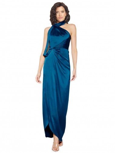 Comprar Bainha Decote Alto Cetim Sedoso Comprimento Chão Pavão Azul Vestidos de Madrinha / Vestidos de Noite / Vestidos de Festa