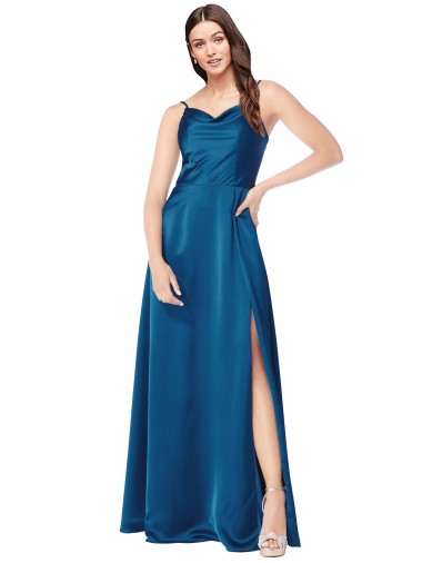 Comprar Linha A Decote Capuz Cetim Sedoso Comprimento Chão Pavão Azul Vestidos de Madrinha / Vestidos de Noite / Vestidos de Festa