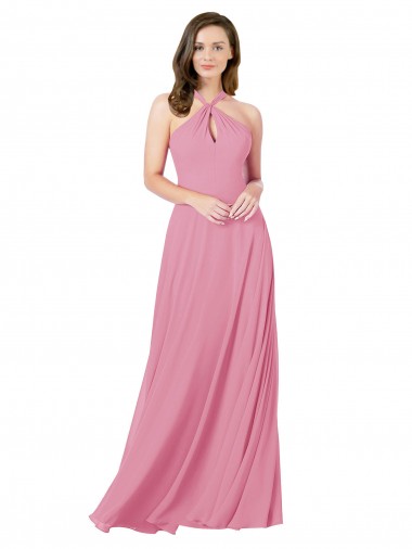Comprar Linha A Cabeçada Chiffon Comprimento Chão Pele Rosa Vestidos de Madrinha / Vestidos de Festa