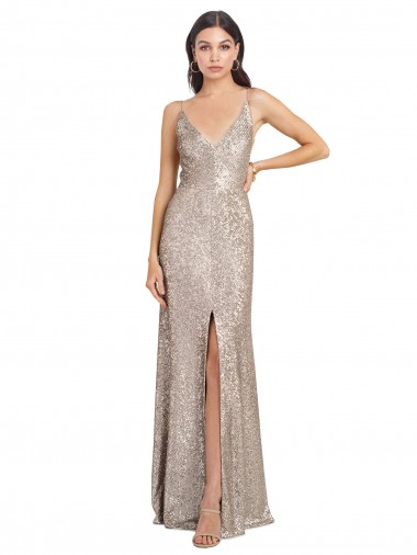 Comprar Bainha Decote Alto Lantejoulas & Lantejoulas Espumantes Comprimento Chão Prata Vestidos de Madrinha / Vestidos de Noite / Vestidos de Festa