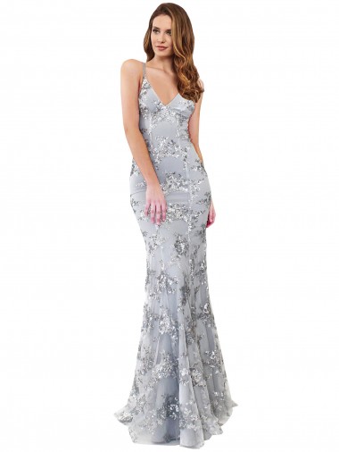 Comprar Sereia Decote Alto Crepe Esticado & Lantejoulas Tule Comprimento Chão Prata Vestidos de Madrinha / Vestidos de Noite / Vestidos de Festa
