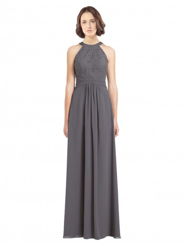 Comprar Linha A Cabeçada Chiffon & Renda Comprimento Chão Prata Tempestuosa Vestidos de Madrinha