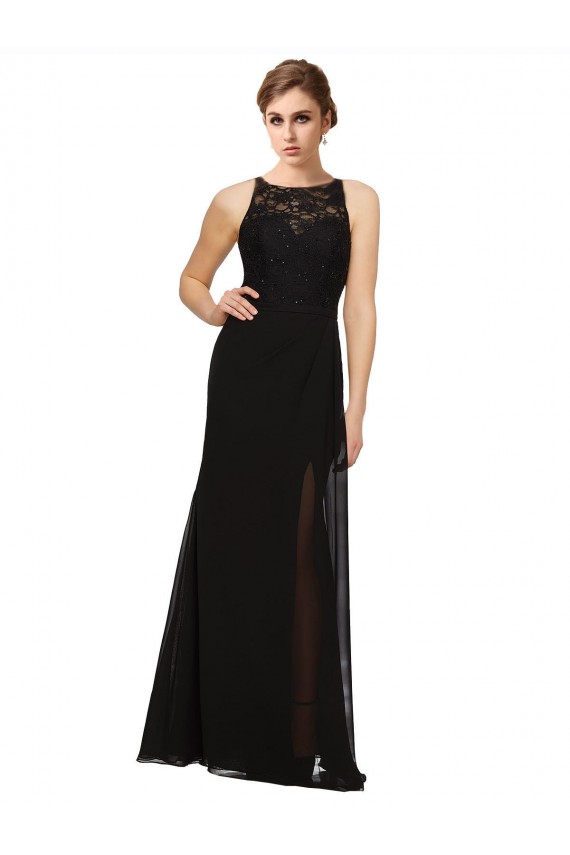 Comprar Bainha Decote Alto Chiffon & Renda Comprimento Chão Preto Vestidos de Madrinha